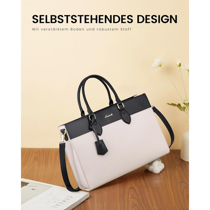 Сумка для ноутбука LOVEVOOK 15.6 дюймів, велика робоча сумка, водонепроникна сумка з PU шкіри, сумка-шоппер, акцентна сумка, сумка для навчання, сумка через плече для бізнесу, роботи, університету, школи (Бежево-чорна, M)