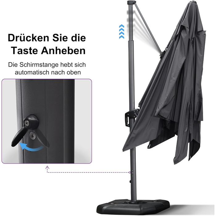 Парасолька від сонця PURPLE LEAF 350x350 см, велика садовий ампельний зонт з рукояткою, поворотом на 360° та хрестою основою для тераси та балкона, сіра