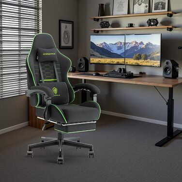 Ігровий крісло Dowinx з підголовником та підставкою для ніг, тканинне, з масажем, чорно-зелене