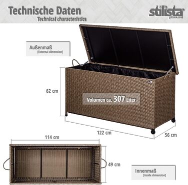 Ящик для подушок STILISTA® з ротангу (поліротанг) 122x62x56 см з кришкою, автоматичним підйомним механізмом, внутрішньою підкладкою, колесами та ручками, 4 кольори