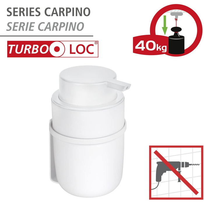 Дозатор мила WENKO Turbo-Loc Carpino, дозатор-помпа з високоякісного пластику для кріплення на гладкі поверхні без свердління до 250 мл рідкого мила, настінний тримач з металу, білий