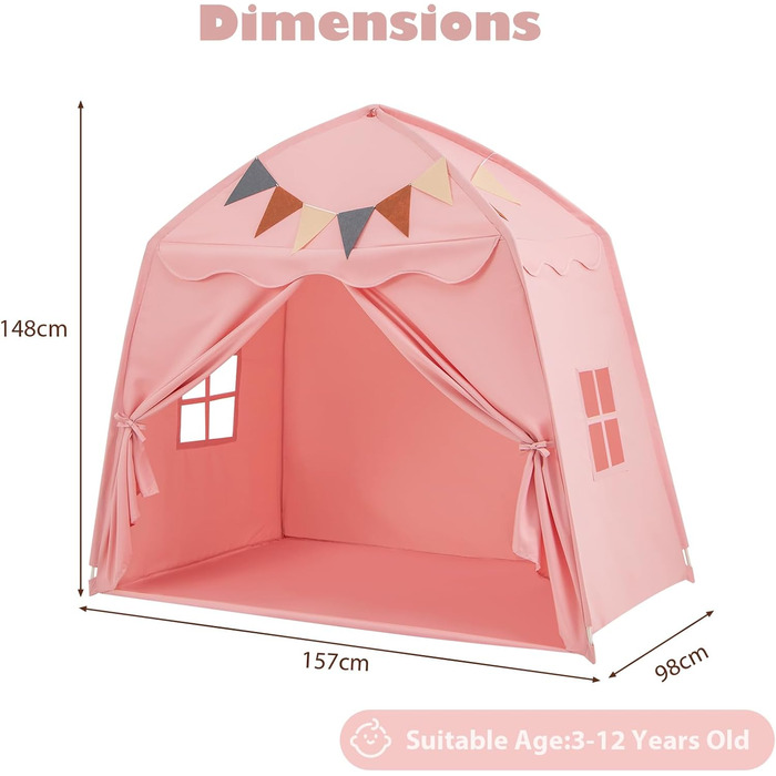 Дитяче намет-будиночок HOMASIS для гри в приміщенні, рожевий: зі світлячками, килимком, вікнами та фіранками
