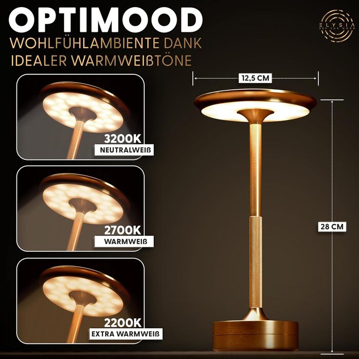 LED настільна лампа ELYSIA з акумулятором, диммування, бездротова, сенсорне управління, для дому та вулиці [IP54], тепле світло [2200K-2700K-3200K], USB-C, перезарядна, алюміній, золота