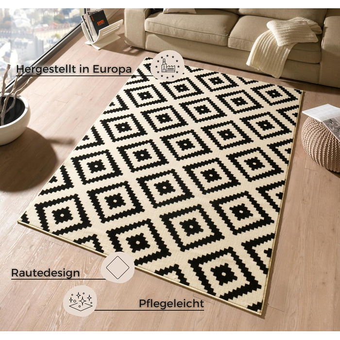 Килим Hanse Home з коротким ворсом Skandi Diamonds Black Cream 160x230см для вітальні та спальні