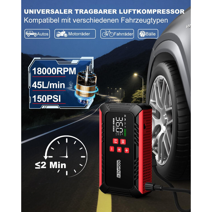 Powerbank для автомобіля з компресором 150 PSI, 7000A, 12V, 8L/10L (бензин/дизель), LED-ліхтарик