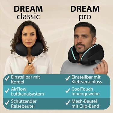 Подушка для шиї FLOWZOOM Comfy для літака та авто - регульована подушка з піною з пам'яті з гнучкими кнопками для 360° підтримки, дихаючий, пральний чохол - з сумкою - Чорний (Dream - Classic - Чорний)