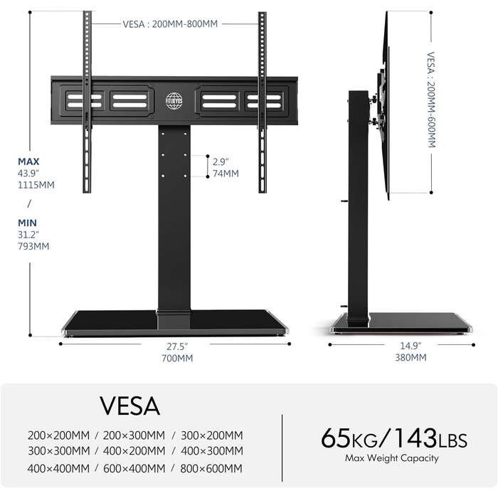 Тумба під телевізор FITUEYES для телевізорів 50-85 дюймів, поворотна, регульована по висоті, до 50кг, VESA 800x600