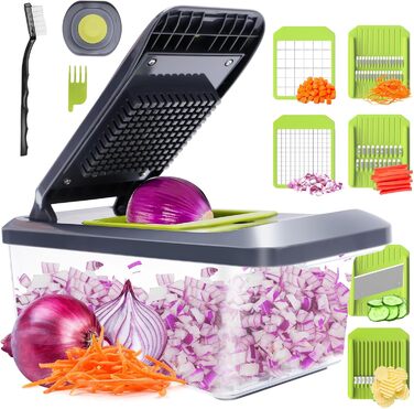 Професійний овочевий слайсер Mandoine з 6 лезами та контейнером 3.3 л. Зручний захист рук, універсальний набір для нарізки овочів, жульєну, цибулі. Чорний та зелений (L, зелений та сірий)