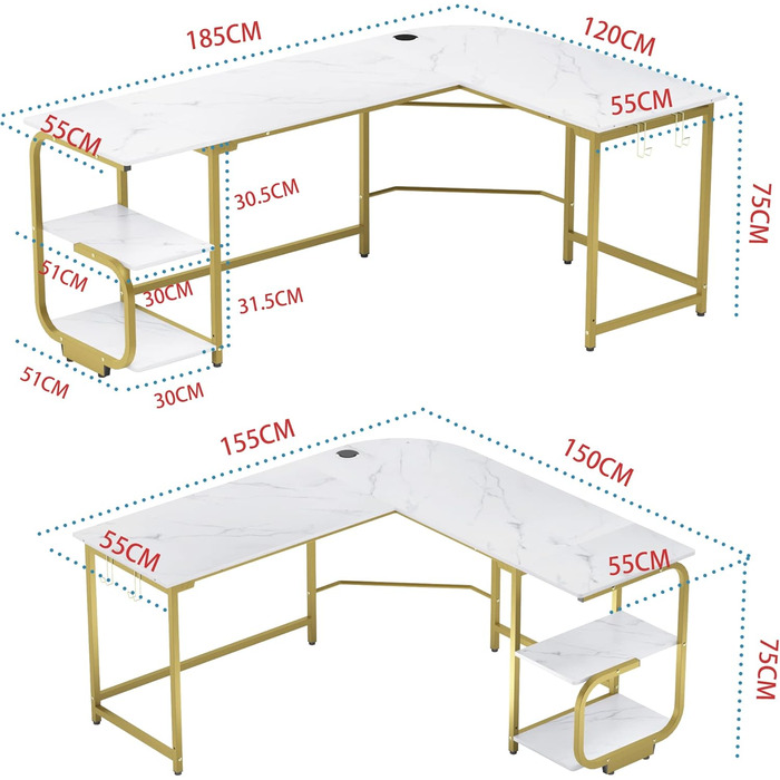 Письмовий стіл Ulifance L-подібний 185x120см з полицями, двосторонній, ігровий, гачок для навушників, білий/золотий, великий