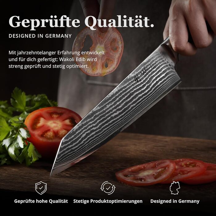 Японський ніж Wakoli EDIB Kiritsuke з дамаської сталі (серцевина VG10), 20 см – професійний кухонний ніж для точних нарізок, з ручкою з паккавуду, у подарунковій коробці (без гравію)