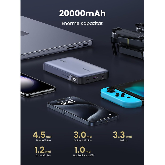 Повербанк UGREEN Nexode 100W Power Bank 20000mAh з 3 портами USB C зовнішній акумулятор з цифровим дисплеєм, сумісний з MacBook Pro/Air, iPhone 15 Pro/Pro Max/15/14 Pro, Galaxy S24 Ultra, Dell