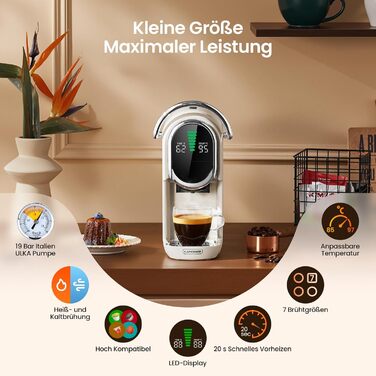 Кавомашина Magician1 Mini Kapselmaschine 5в1 для капсул Nespresso, Dolce Gusto, Lavazza A Modo Mio, ESE 44 та кавової гущі | 20 бар, 1450 Вт, LED-дисплей, 7 рівнів води | для дому та офісу (слонова кістка)