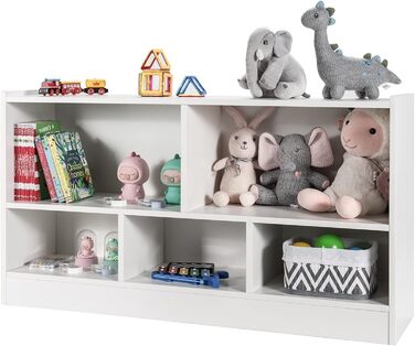 Дитяча шафа для іграшок COSTWAY дерев'яна, полиця для іграшок з 2 великими відділеннями та 3 маленькими відділеннями, відкрита, дитяча полиця для іграшок, ляльок та книг, 111 x 30 x 61,5 см, біла біла 111 x 30 x 61,5 см