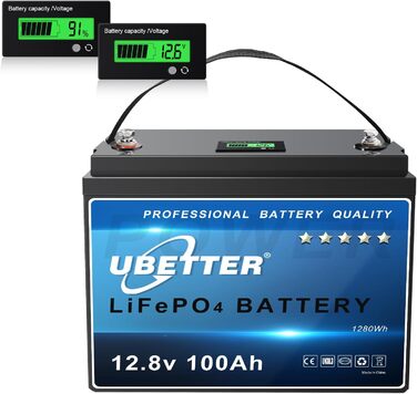 Літієва батарея UBETTER LiFePO4 100Ah Mini 12V, 4000 циклів, 10 років, 1280 Втгод, для автофургону, поза мережею