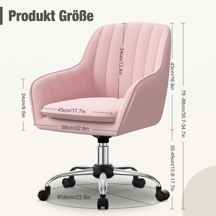 Крісло для робочого столу Daccormax, крісло для туалетного столика, обертове крісло до 150 кг, офісне крісло з регулюванням висоти, крісло для дому з м'якою оксамитовою оббивкою, комфортне для робочого кабінету, спальні, офісу, рожеве/рожеве