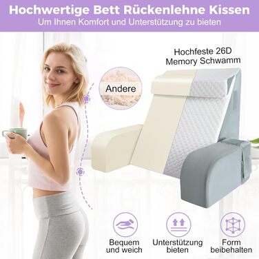 Велике подушко-крісло для читання Babenest з підлокітником, високоеластична піна, ергономічна підтримка спини, подушка для шиї та підголівник, подушка для рефлюксу для сну, ігор, перегляду телевізора для ліжка та дивану, білий та сірий