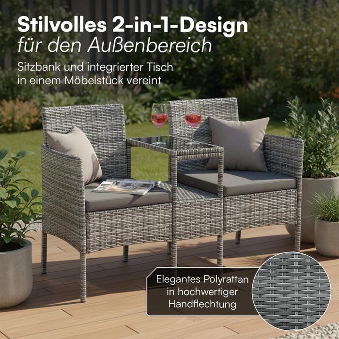 Садова лавка STEELSØN Velara з інтегрованим столиком - ротангова лавка для 2 осіб з подушками, вуличні меблі, стійкі до погодних умов, для тераси та балкона (сіро-меланжевий)