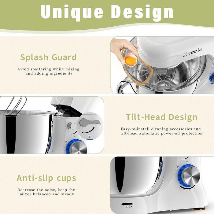 Кухонна машина Zuccie з тихою роботою, місткістю 5л, з нержавіючою чашею, 3 насадки, сплітц-захист, скребок для тіста та роздільник яєць, 8+ швидкостей.