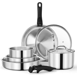 Набір каструль Joyfair, 9 предметів, з нержавіючої сталі, знімний ручка, для індукційних плит, сумісний з усіма типами плит, можна використовувати в духовці та мити в посудомийній машині