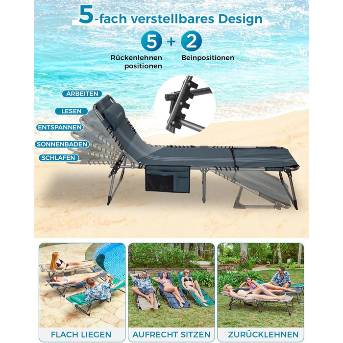 Лежак для відпочинку KingCamp великого розміру, складаний, 5 положень, для саду, кемпінгу, пляжу, 200 x 68 см, сірий, з подушкою та кишенею, до 200 кг