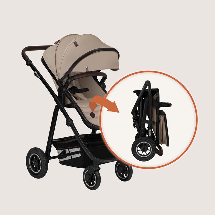 Дитяча коляска Lionelo Amber 3-в-1: люлька, автокрісло i-Size, прогулянковий блок, резина, поворотні колеса, великий капюшон UPF 50+, сумка, москітна сітка, дощовик (Бежево-пісочний)