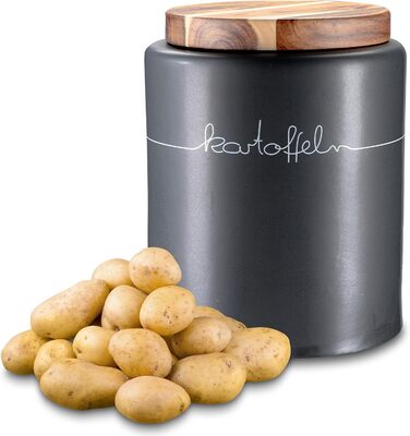 Контейнер для картоплі KHG, кераміка, сірий антрацит з дерев'яним кришкою, 4 кг, з маркуванням, висота 28/21,5 см