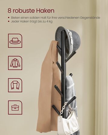 Стійка для одягу VASAGLE з 8 гачками та полицею, 170,5 см, чорний колір, RCR033B01