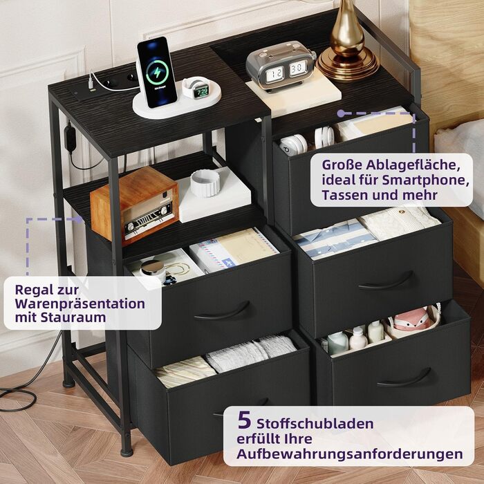 Комод з ящиками для спальні, вітальні, коридору Somdot з LED-підсвічуванням та розетками (2 AC, 1 USB, 1 Type-C), 5 тканинних ящиків, білий, 29T x 66,5B x 70,5H см