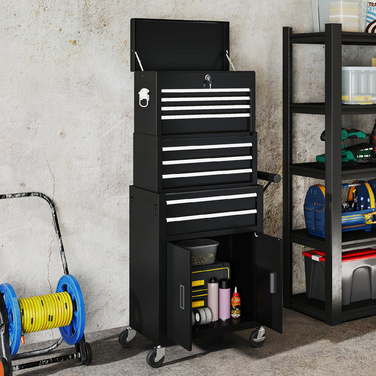 Набір інструментів 3-в-1, інструментальна шафа з 4 колесами, замикається, інструментальний ящик з 9 висувними ящиками, сталь, чорний