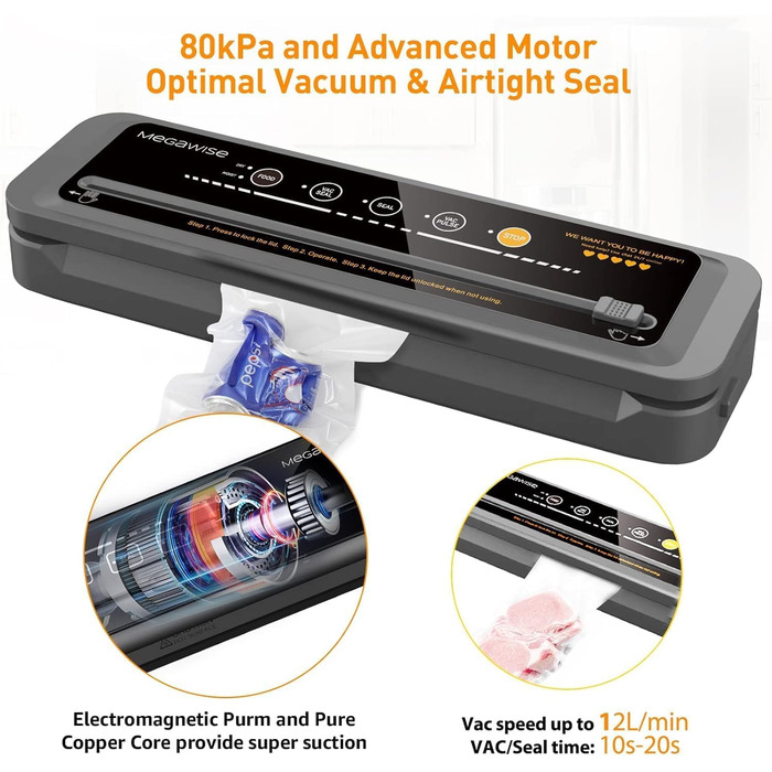 Вакууматор Megawise для продуктів з потужністю 80 кПа, автоматичний вакуумний пакувальник з режимами для сухих та вологих продуктів, чорний (комплект з 10 пакетами та різаком)