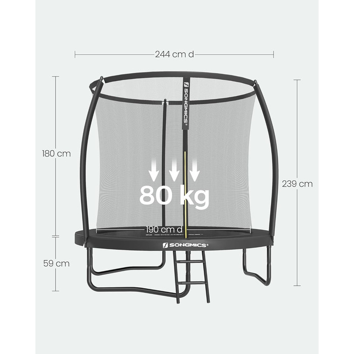 Батут SONGMICS вуличний Ø 244 см з захисною сіткою, драбиною та м'якими стійками - чорний