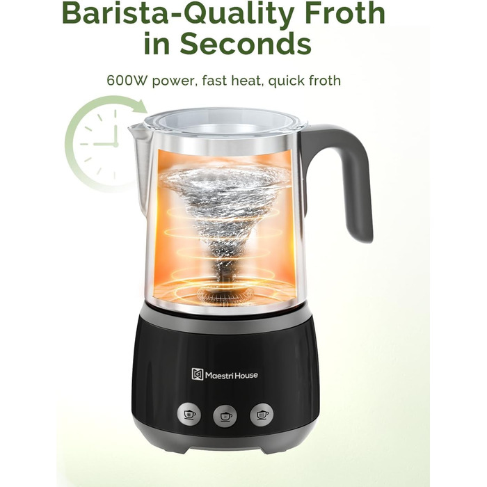 Електричний спінювач молока Maestri House 500 мл 4-в-1 з керуванням Smart Touch, функція пам'яті, для лате, гарячого шоколаду та теплого молока, чорно-сірий