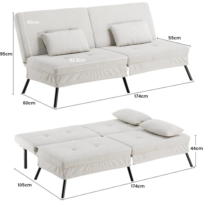 Диван-ліжко LUCKRACER 3-місний з регулюванням кута нахилу, Cordstoff, Бежевий