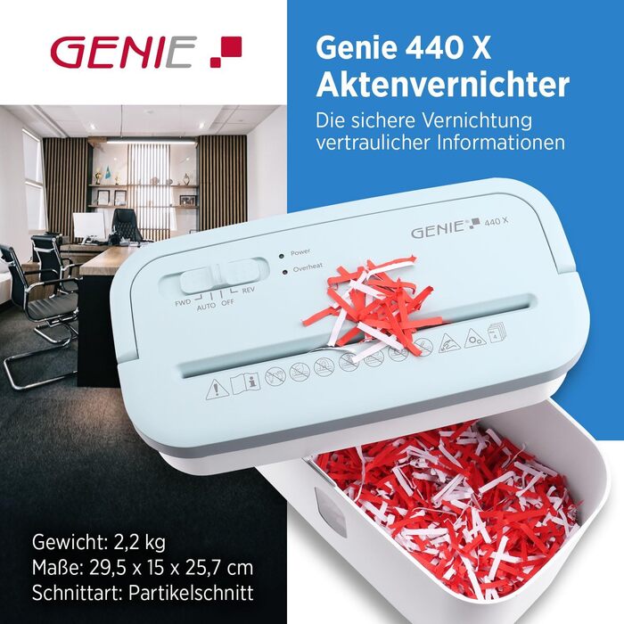 Шредер Genie 440 X II P4: Надійний знищувач документів для дому та офісу | Об'єм кошика 9L, функція Auto-Start-Stop, автоматичне виявлення паперу | Синій