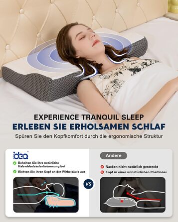 Ортопедична подушка для шиї IDEA з Memory Foam - для сну на боці, спині та животі, проти болю в шиї, 62x34.5x12/8 см
