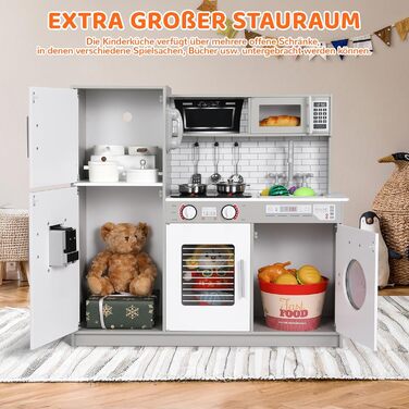 Дерев'яна дитяча кухня MAMIZO з підсвіткою та звуком, 82x80x25 см. Комплектація: аксесуари. Підходить для дітей від 3 років. Білий (сіро-білий) колір.