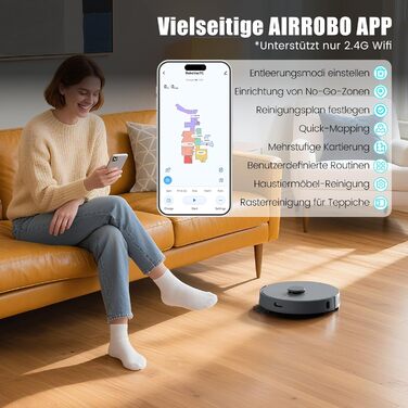 Робот-пилосос AIRROBO T25+ з вологою, LiDAR, 5500Pa, 240хв, керування через додаток, для тварин, чорний
