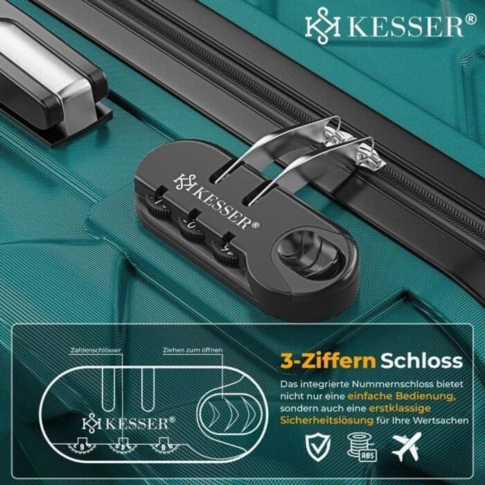 Набір дорожніх валіз KESSER з 3 предметів, жорсткий корпус ABS, кодовий замок, ваги для багажу та дорожній гаманець, колеса 360°, колір Petrol Teal