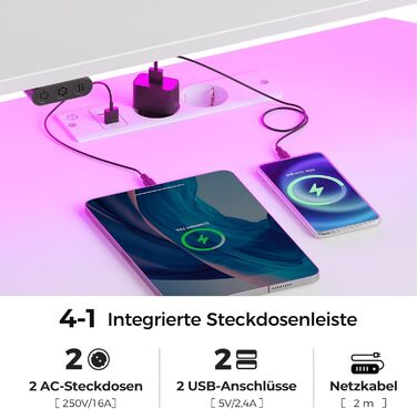 Комп'ютерний стіл Rolanstar L-подібний з RGB підсвічуванням та розетками, геймінговий стіл з полицею та гачками, для офісу, робочого кабінету, спальні (білий, 137 см), 137 x 137 x 87 см