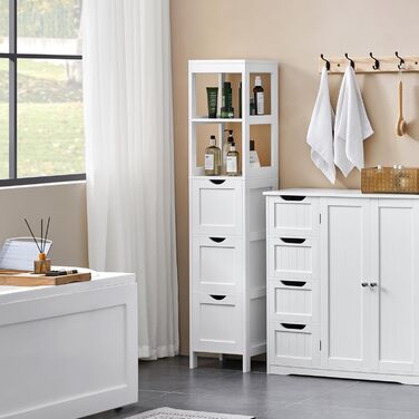 Шафа у ванну кімнату Yaheetech з 3 висувними ящиками та 2 відкритими полицями, 30 x 30 x 142 см, біла