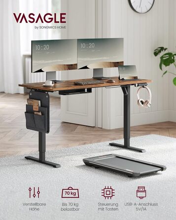 Електричний регульований стіл VASAGLE, 60 x 140 см, висота 72-120 см, 4 пам'яті, vintage brown, LSD174X01