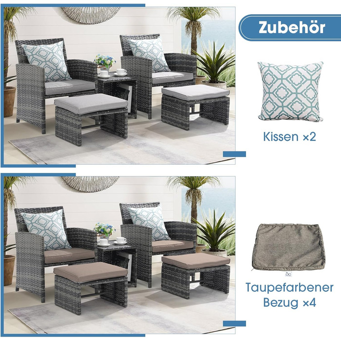 OC Orange-Casual 5-елементний комплект меблів для тераси, штучний ротанг, вуличні крісла та пуфи з журнальним столиком і подушками, для балкона, веранди, тераси, світло-сірий