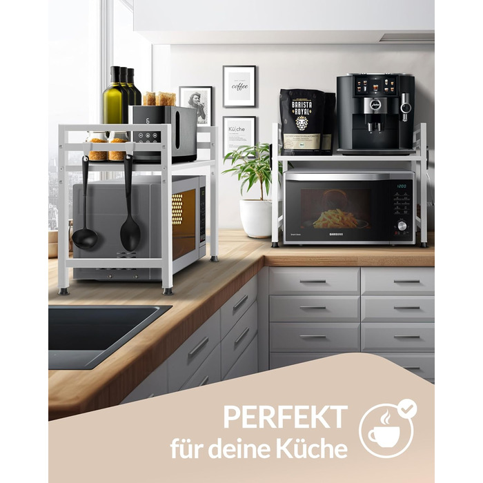 Стійка для мікрохвильової печі та кухонні полиці з нержавіючої сталі, 2-ярусна | Стійка для мікрохвильовки, полиця для зберігання, полиця для пекаря, регульована висота та довжина | З інструкцією у відеоформаті та гачками (Білий)