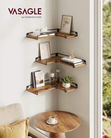 Набір кутових настінних полиць VASAGLE L-подібні, індустріальний стиль, для вітальні, спальні та кухні, вінтажний коричневий та чорний, 3 шт. (LLS831B01)