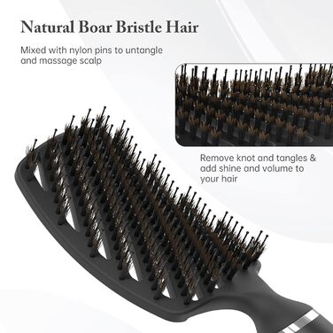 Щітка Kaiercat Boar Hair Brush - розплутує густе волосся, швидше висихає, 100 натуральна щетина (чорна)