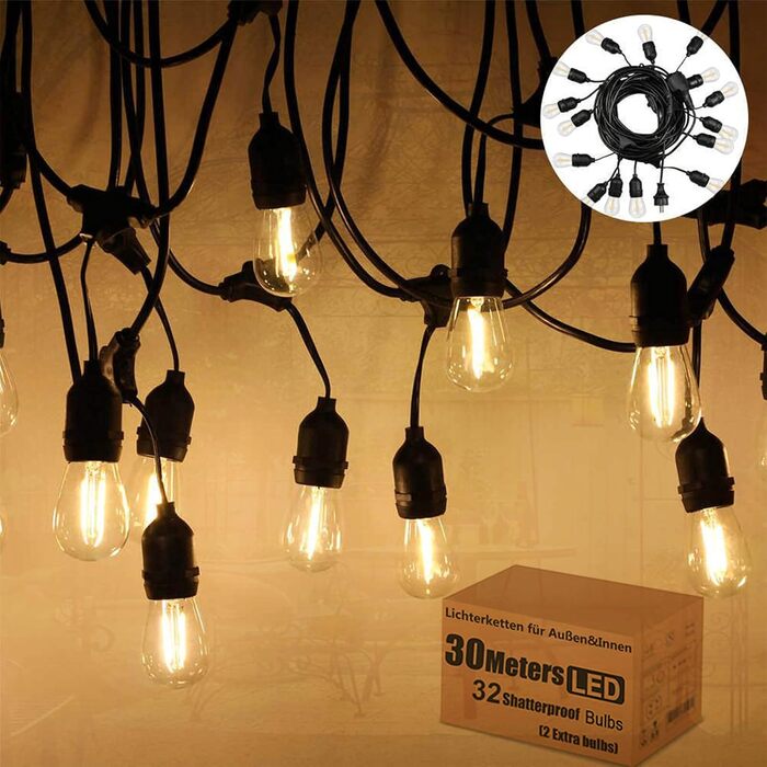 Ланцюжок прикрас для зовнішнього використання 30 м, ST45, LED, E27, тепле біле світло 2700K, IP65, вологостійкий, 30 x 1W, скляні лампочки S14 для вечірок та святкування