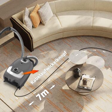 Пылесос Akitas C11 900W с мешком – сетевой шнур 7 м, радиус действия 10 м, тихая работа 70 дБ, с дополнительной насадкой для пола, регулируемая мощность всасывания, большой объем, для твердых полов и ковров