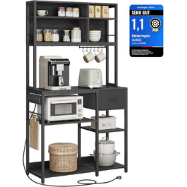 Стелаж кухонний VASAGLE з розетками, 40 x 100 x 180,4 см, з регульованими полицями, ящик з тканини, 12 гачків, антрацит-чорний, KKS027B02