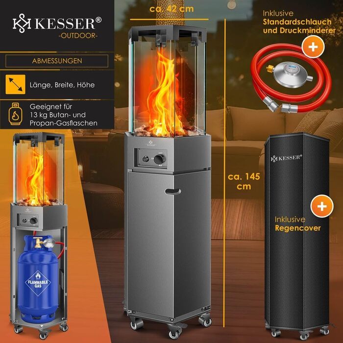 Газовий обігрівач KESSER® 4/8 кВт з П'єзозапалюванням, регулятором тиску газу та захисним кожухом. 360° обертання, захист від перекидання. Підходить для тераси, вулиці. Колір: антрацит.