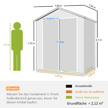 Металевий садовий сарай, з замком, двостулковими дверима, вікном, алюмінієвими рамами, розміром 1,80 x 1,30 x 2,10 м, сірого кольору